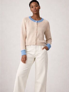 RD Style Contrast Collar Cardigan Sweater Cream Blue Size Small